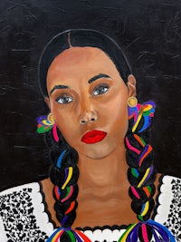 a painting of a mexican woman with colorful braids