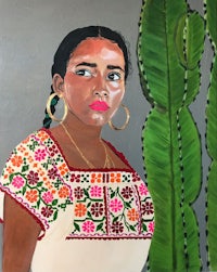 a painting of a mexican woman in front of a cactus
