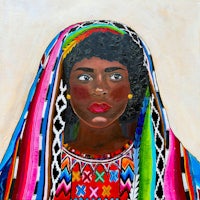 a painting of an african woman wearing a colorful scarf