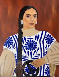 a painting of a woman in a blue and white dress