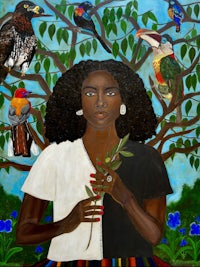 a painting of a woman holding birds in a tree
